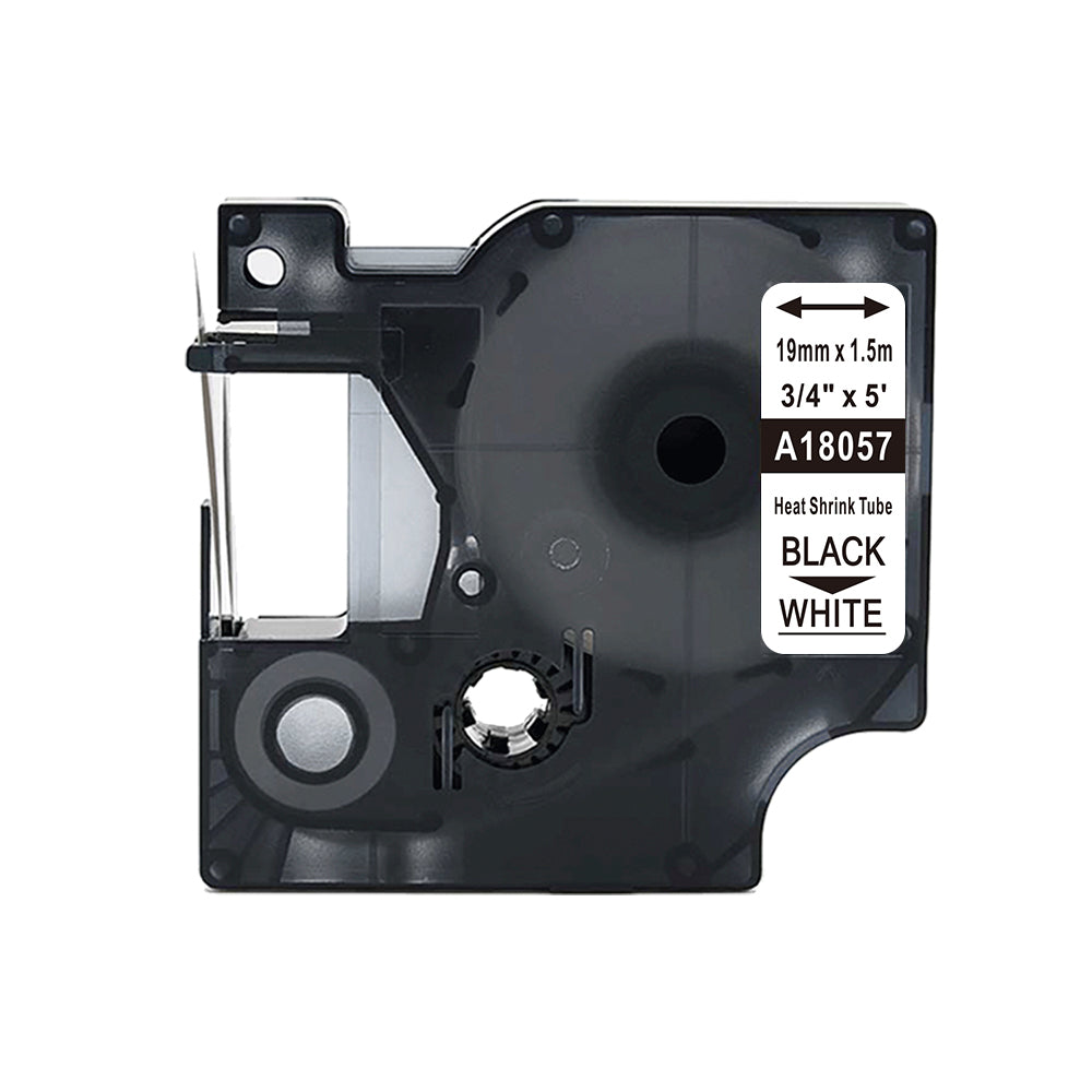 Dymo 18057 compatible heat shrink tube cartridge, black and white, 19mm x 1.5m, for professional labeling applications.