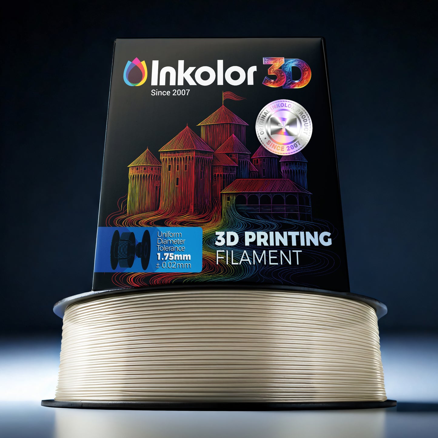 Inkolor PLA Transparent Filament 1.75mm 1Kg 3D-Druck Filament spool with packaging, ideal for creative 3D printing projects.
