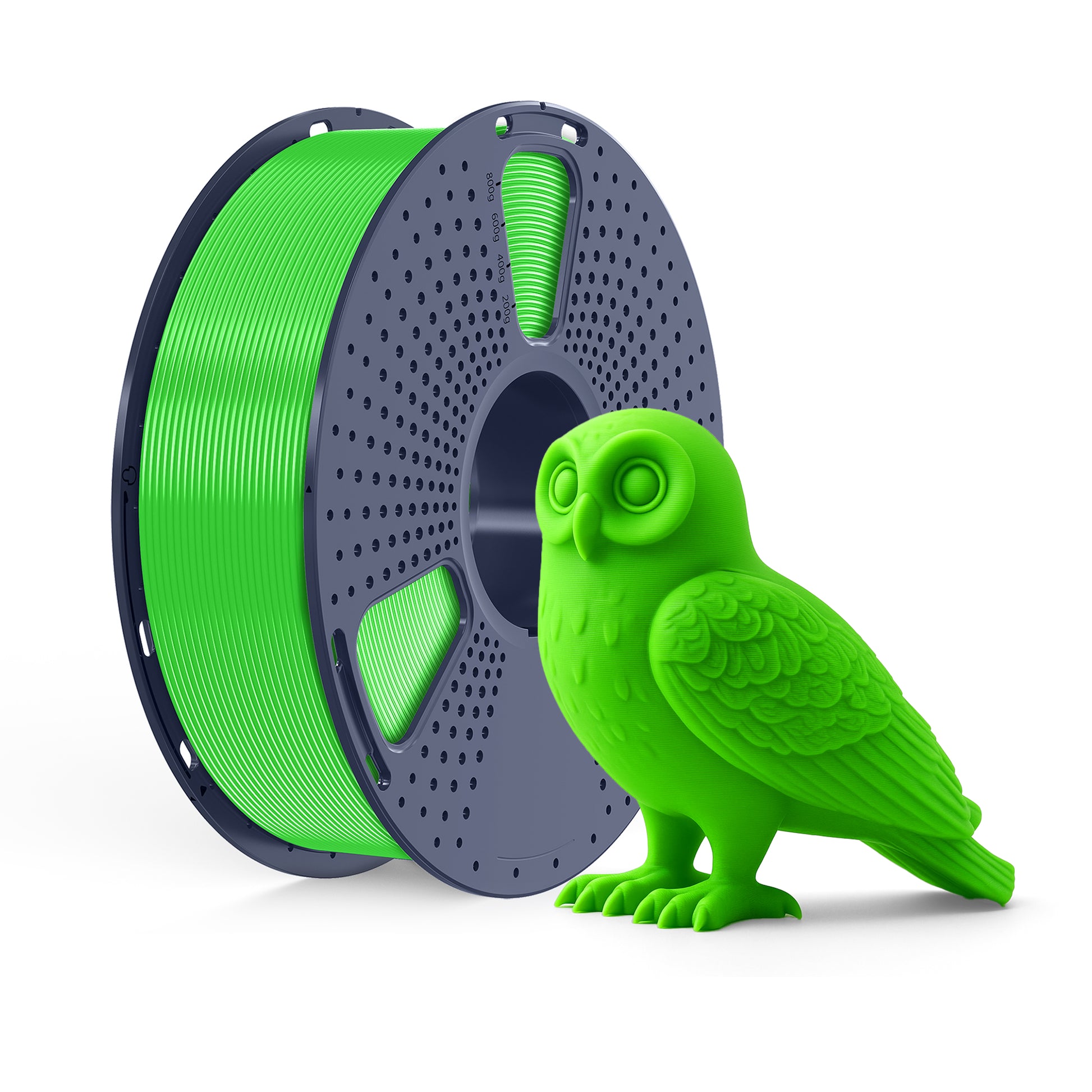 Inkolor PLA Grün Filament 1.75mm 1Kg 3D-Druck Filament neben 3D-gedruckter grüner Eule aus Filament.