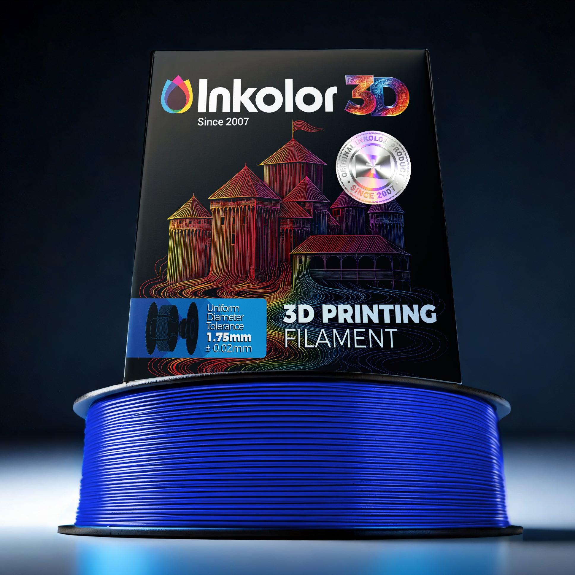 Inkolor PLA+ Blau Filament 1.75mm 1Kg 3D-Druck Filament on spool, showcasing vibrant blue color and packaging.