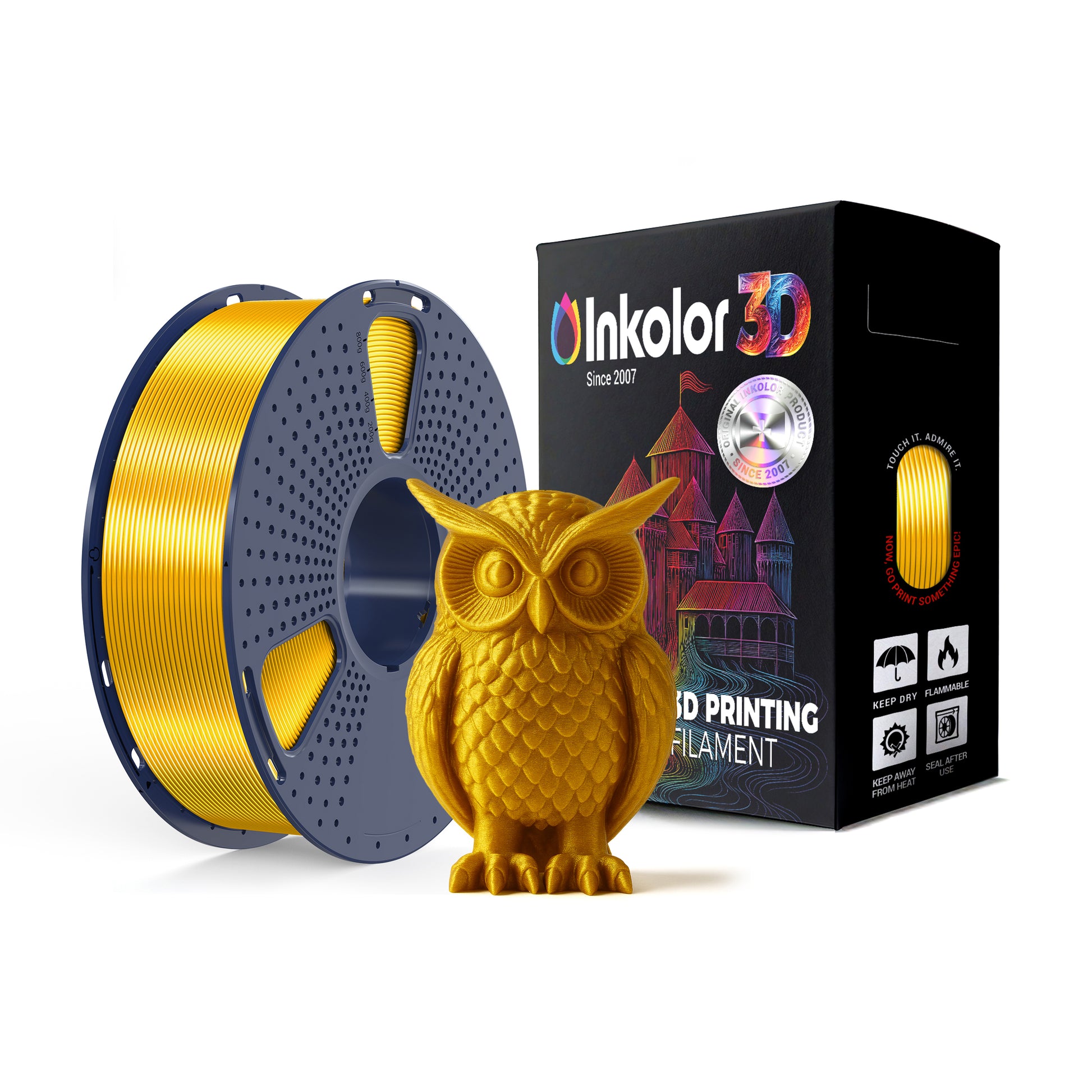 Inkolor Silk PLA+ Gold Filament 1.75mm 1Kg 3D-Druck Filament with owl model showcasing metallic finish and packaging box.