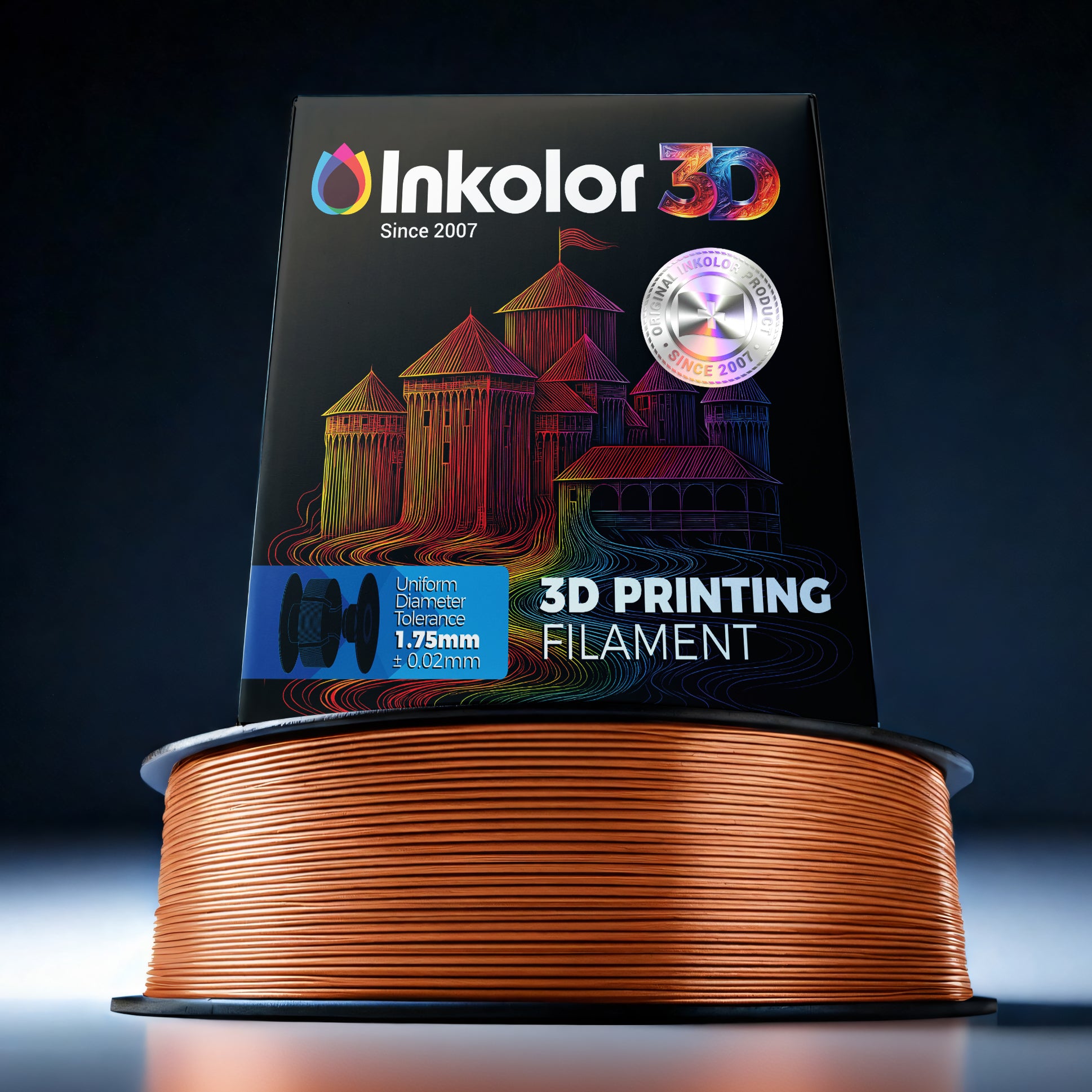 Inkolor Silk PLA+ Rot Kupfer Filament 1.75mm 1Kg 3D-Druck Filament on display with packaging and copper color showcasing its quality.