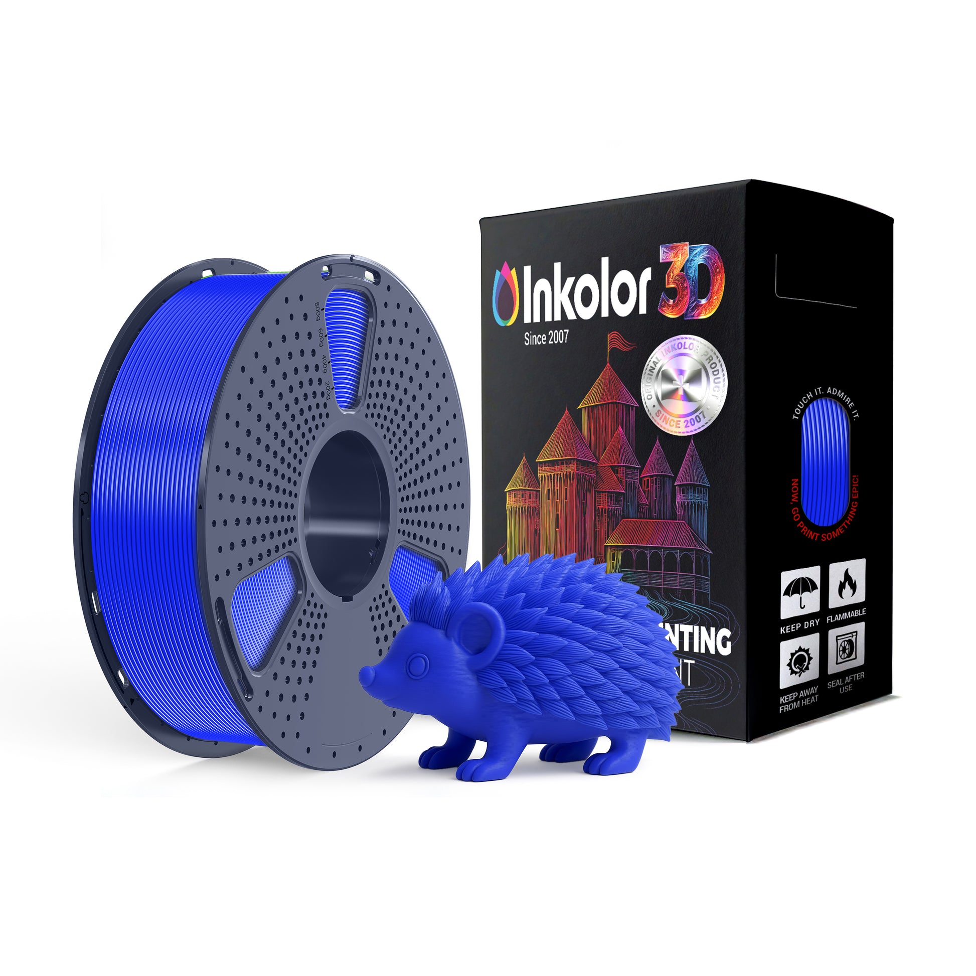 Inkolor PETG Blau Filament 1.75mm 1Kg 3D-Druck Filament with spool and printed blue hedgehog