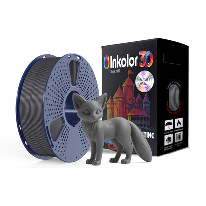 Inkolor ABS Grey Filament 1.75mm 1Kg 3D printing filament spool with printed grey fox model.