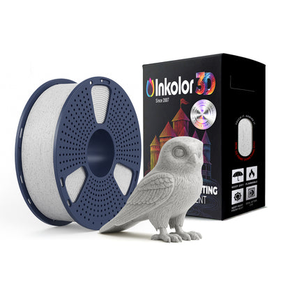 Inkolor High Speed PLA Marble Oreo Filament 1.75mm 1Kg 3D printing filament with realistic marble finish and detailed owl sculpture.