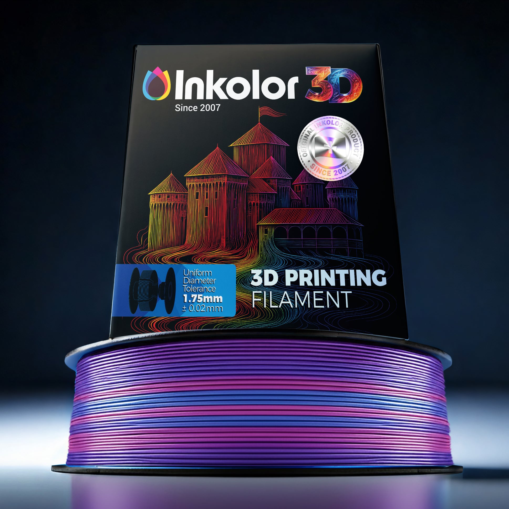 Inkolor Silk PLA+ Regenbogen Filament 1.75mm 1Kg 3D-Druck Filament with vibrant color transitions on display.