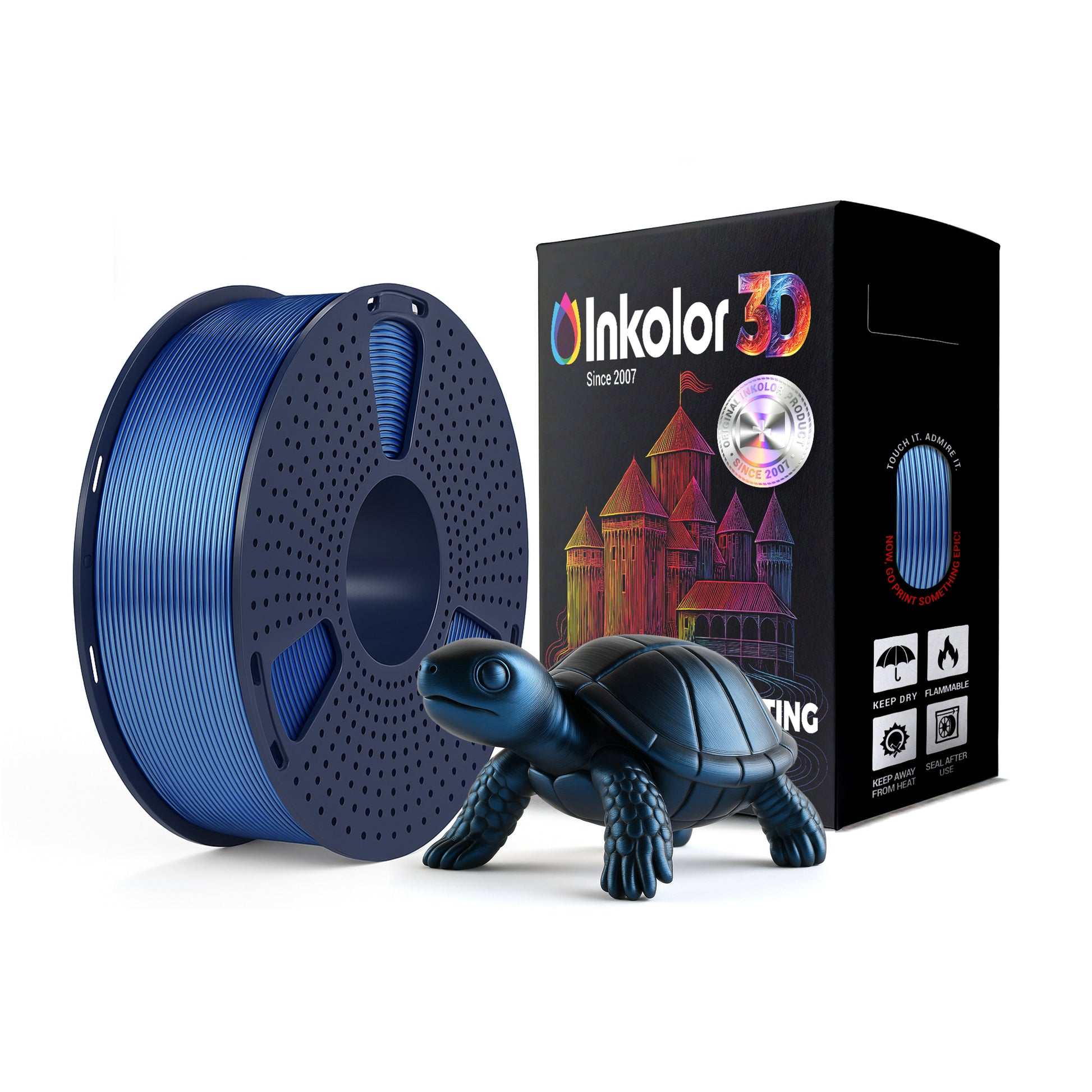 Inkolor Silk PLA+ Bicolor Schwarz Blau Filament 1.75mm 1Kg neben Box und blaue 3D-Schildkrötenfigur.