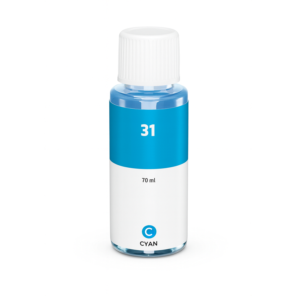 HP 31 (1VU26AE) kompatible Tintenpatrone Cyan 70ml, ideal für HP-Drucker mit nachfüllbaren Tintentanks, hohe Seitenkapazität