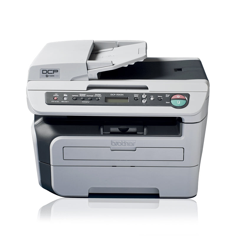 Brother DCP-7045N multifunction laser printer with print, copy, scan features and network interface, ideal for fast quality printing.