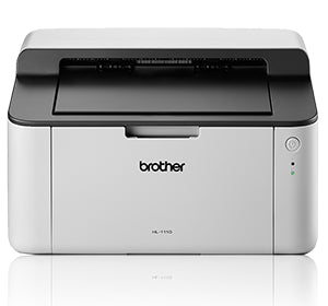 Brother HL-1110 monochrome laser printer, compact design for small offices, prints up to 20 pages per minute with 600 dpi resolution.