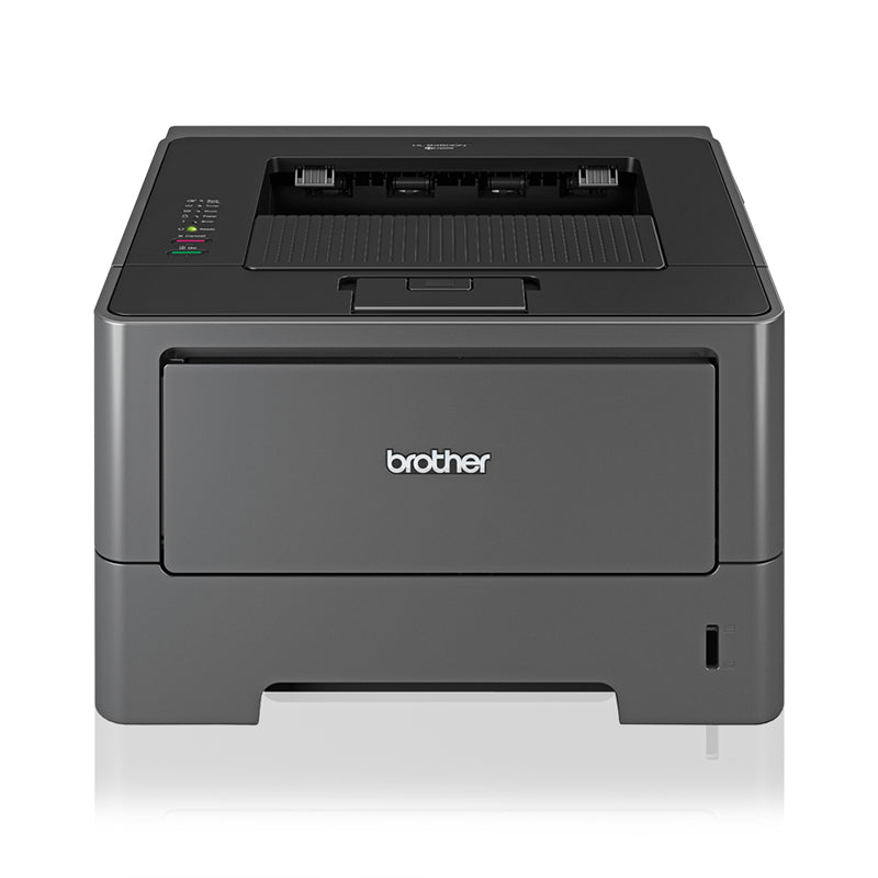 Brother HL-5450DNT monochrome laser printer with duplex printing and high-speed performance of 38 ppm, front view.