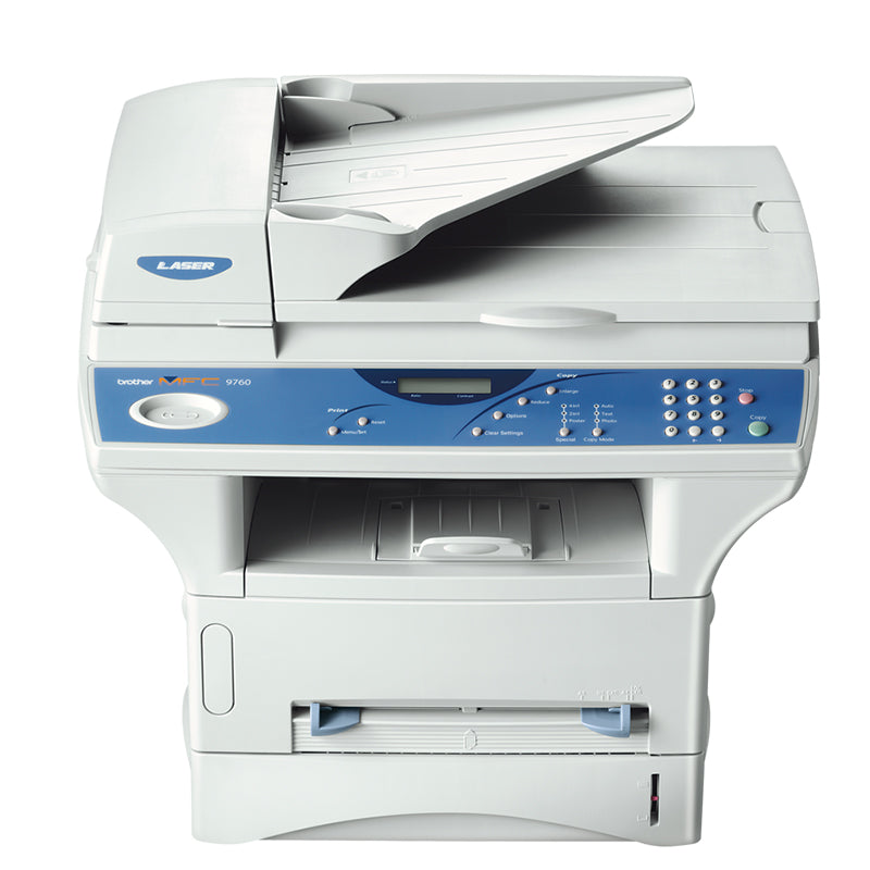 Imprimante laser multifonction Brother MFC-9750 avec capacités d'impression, de copie, de numérisation et de télécopie. Caractéristiques du chargeur automatique de documents.