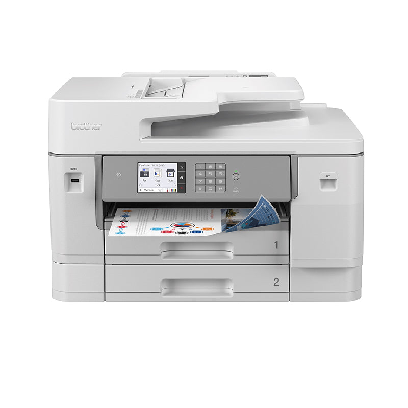 Brother MFC-J6955DW multifunction inkjet printer with print, copy, scan, and fax features, shown in a white office design.