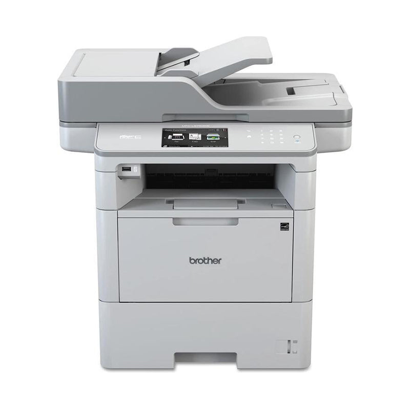 Brother MFC-L6750DW multifunction printer with scan, copy, fax, duplex print, ideal for office use, 46 ppm speed, 570-sheet capacity.