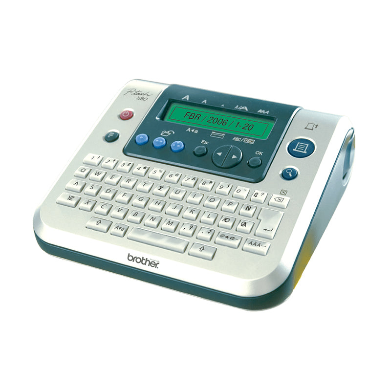 Brother PT-1280VP label printer with keyboard and display screen for home or office use, featuring thermal transfer technology.