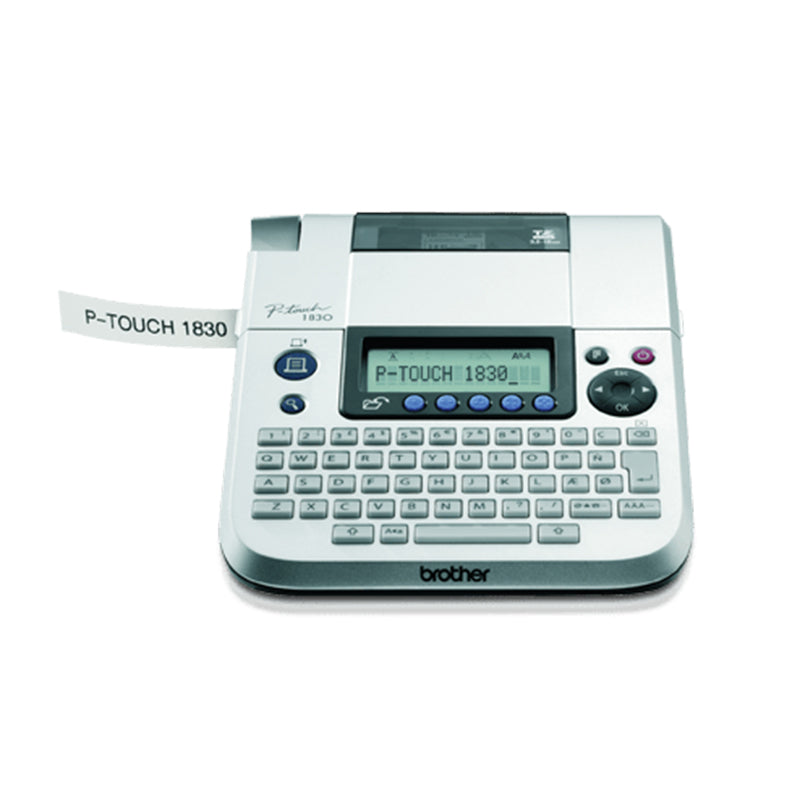 Brother PT-1830VP label printer with QWERTZ keyboard, compact design, ideal for office use, featuring thermal transfer technology.