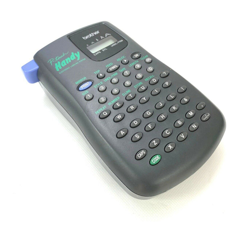 Brother PT-200 label maker with buttons for home and office use, featuring thermal transfer printing technology.