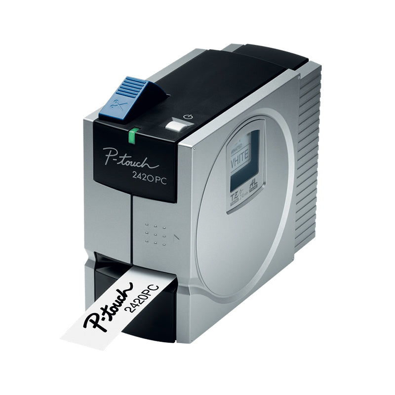 Compact Brother PT-2420PC label printer with printed label visible, ideal for office use, featuring P-touch Editor software.