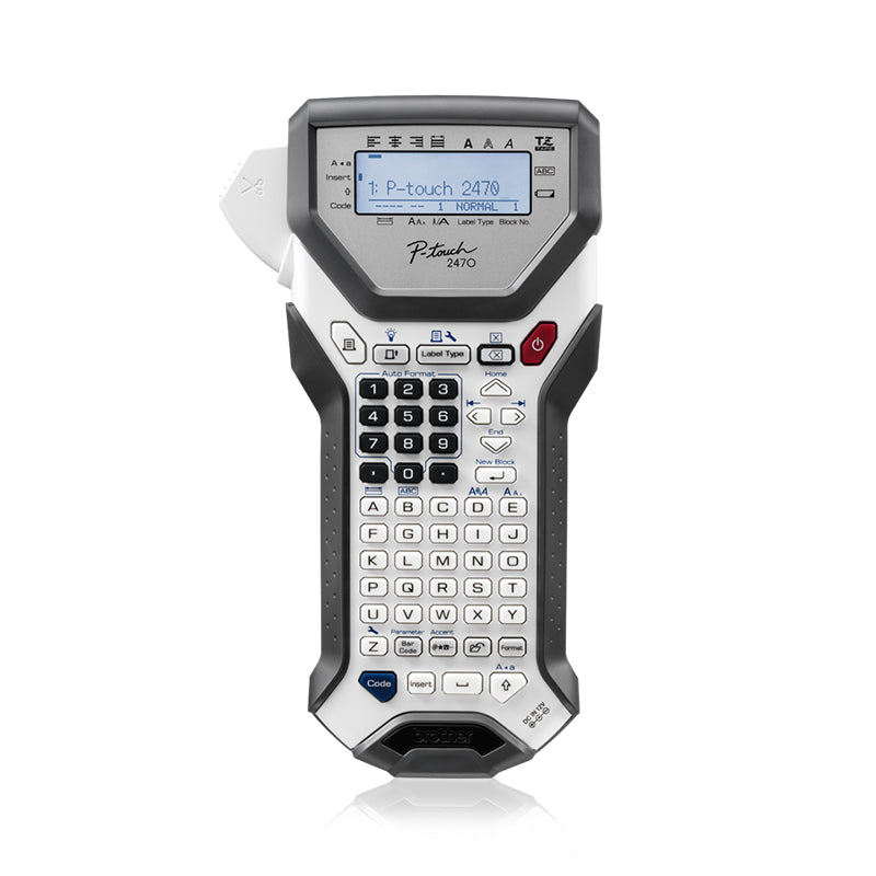 Brother PT-2470 portable label printer with LCD screen and keyboard for office and home use.