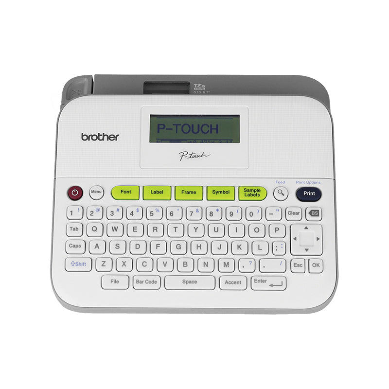Brother PT-400 Etikettendrucker mit Tastatur und Display für schnelles und vielseitiges Drucken, ideal für Büro und Heimgebrauch.