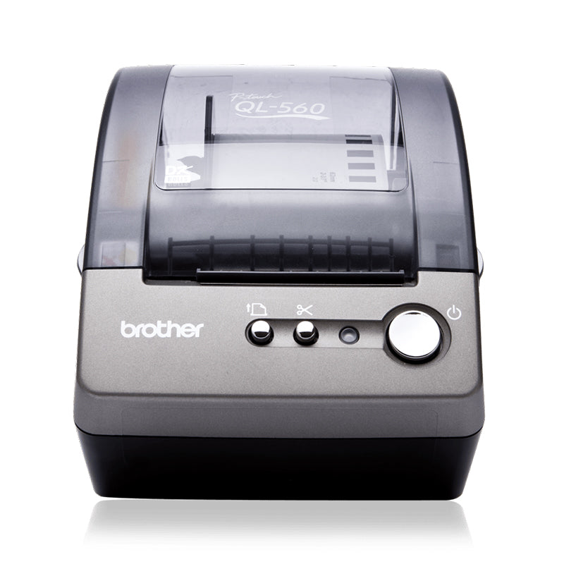 Front view of Brother QL-560VP label printer showing design and control panel features.