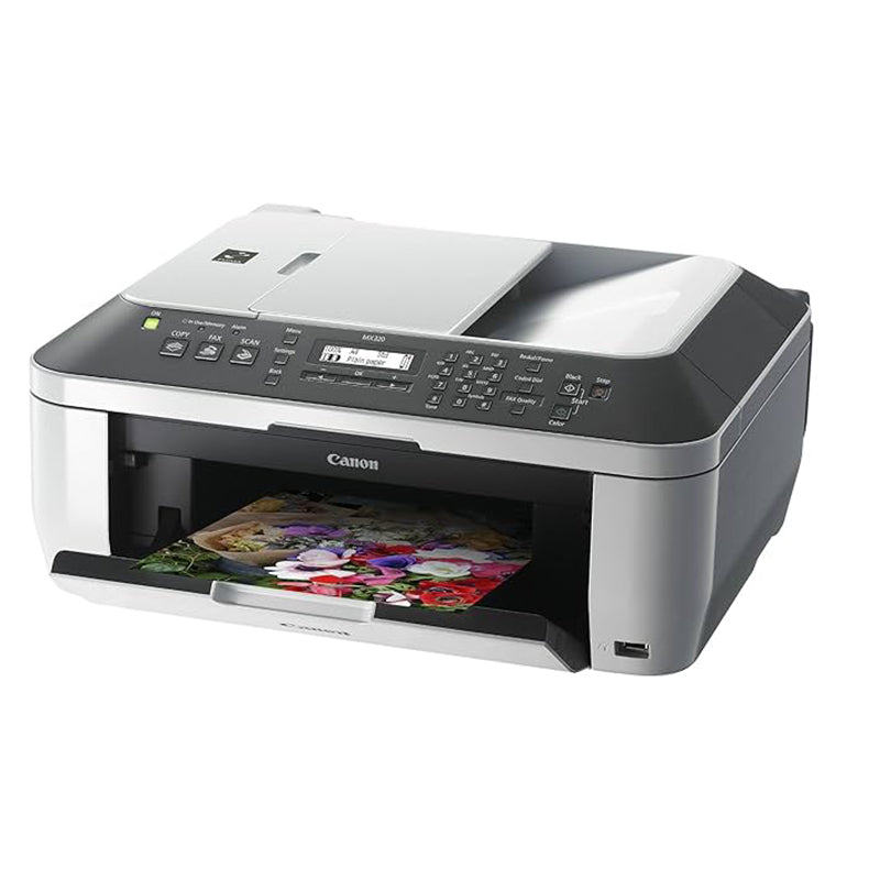 Canon PIXMA MX320 multifunction printer with automatic document feeder, printing a color photo.
