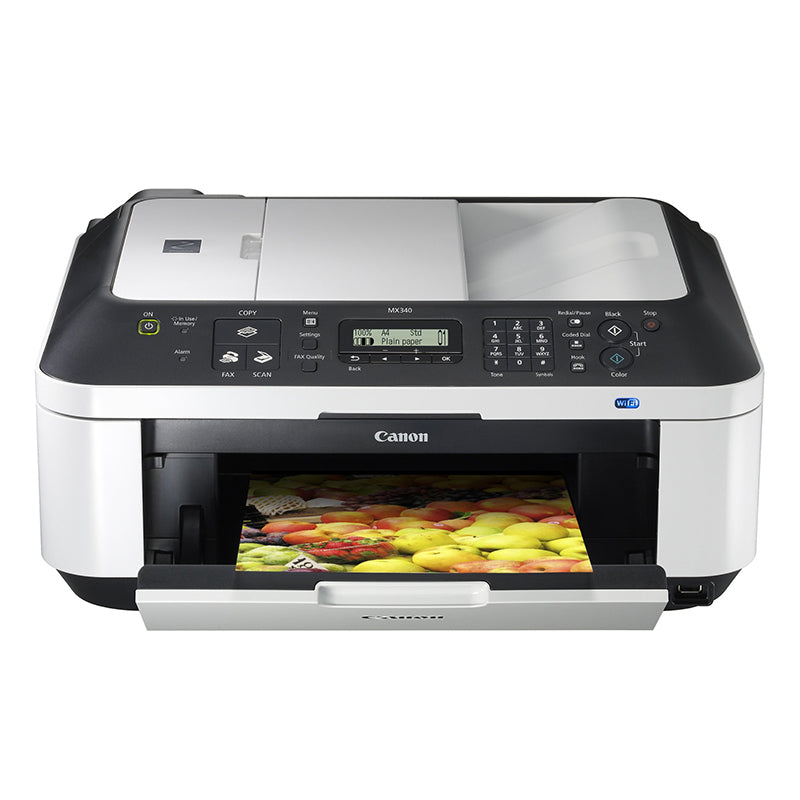 Canon PIXMA MX340 multifunctional inkjet printer with printed page, featuring wireless printing and automatic document feeder.