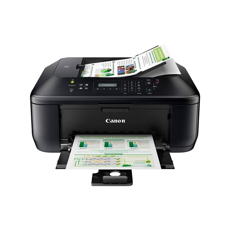 Canon PIXMA MX395 multifunction printer with documents, featuring printing, scanning, copying, and faxing capabilities.