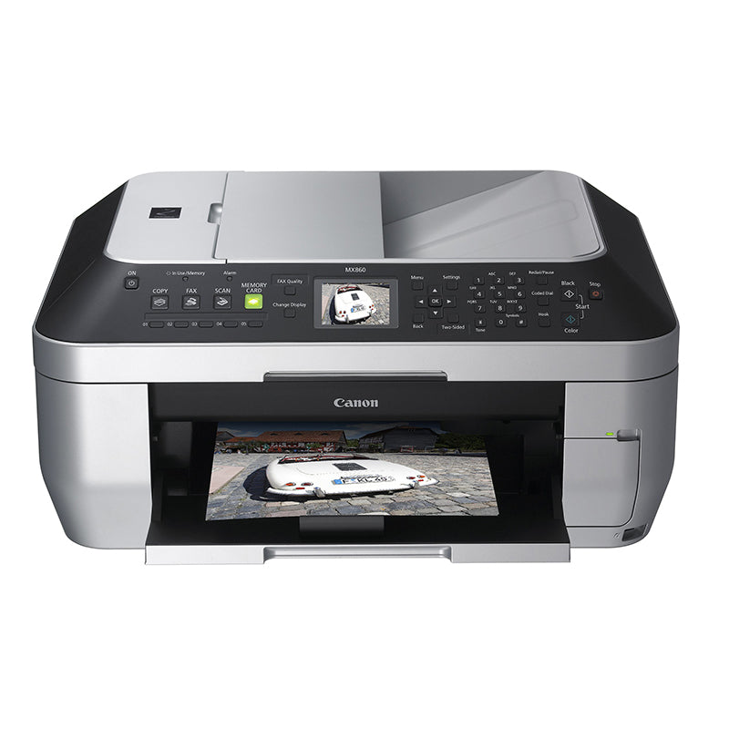 Canon PIXMA MX860 multifunction printer featuring print, scan, copy, and fax capabilities with high resolution and ADF.