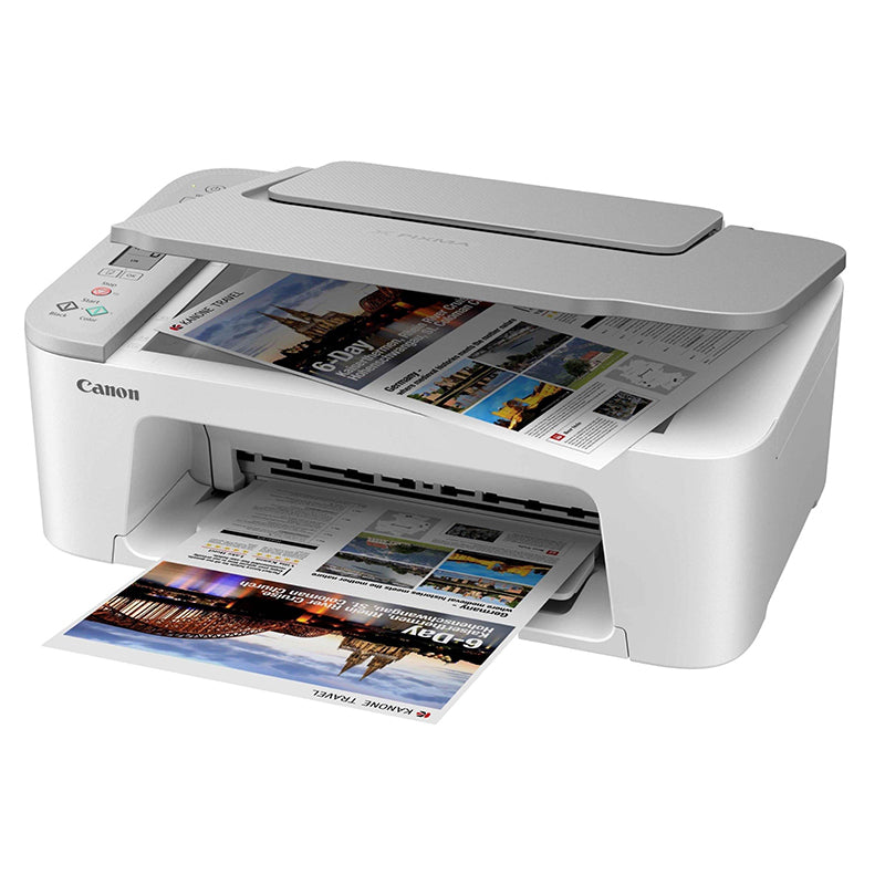 Canon Pixma TS3351 wireless multifunction printer with printouts, featuring compact design for home and office use.