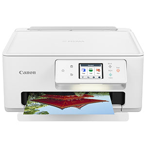 Canon Pixma TS7650i multifunction printer with display, showing a color photo being printed. Ideal for home and office use.