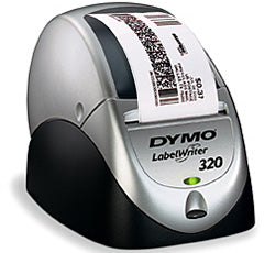 Dymo LabelWriter 320 printing a barcode label, compact thermal label printer using direct thermal technology