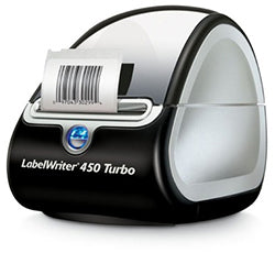 Dymo LabelWriter 450 Turbo label printer with printed barcode, ideal for fast office labeling.