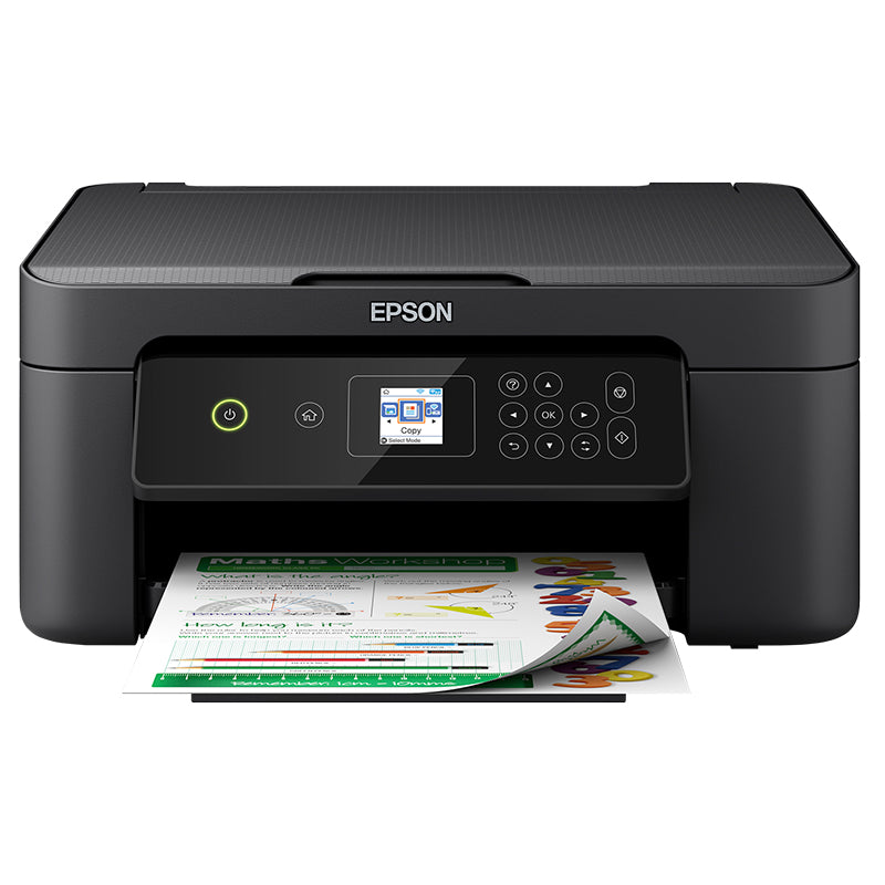 Epson Expression Home XP-3100 multifunction printer with document being printed, showcasing compact design and wireless capabilities.