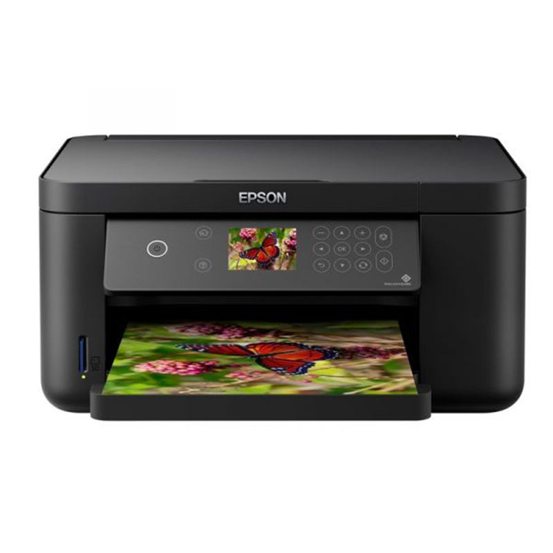 Epson Expression Home XP-5105 printer with printed colorful butterfly image, featuring compact design for home use.
