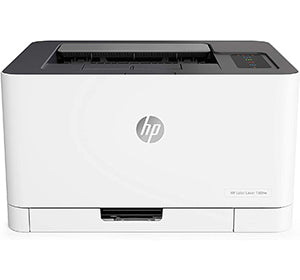 HP Color Laser 150nw compact color laser printer for home and small office use, showing front view with paper tray visible.