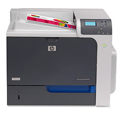 HP Color LaserJet CP4525 printer with printed color page, known for high speed and professional quality at 42 ppm, 1200 dpi resolution.