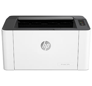 HP Laser 107a monochrome printer, compact design, ideal for small offices, home use, featuring 20 ppm speed, 1200x1200 dpi resolution.