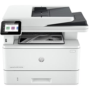 HP LaserJet MFP 4102 multifunction printer with touchscreen, featuring printing, scanning, copying, and duplex capabilities.