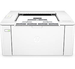 HP LaserJet Pro M102a monochrome laser printer, ideal for small offices and home, front view with paper tray and control panel visible.