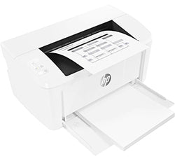 HP LaserJet Pro M15 compact monochrome laser printer with paper tray and control panel, ideal for small offices and home use.