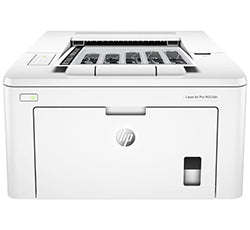 Front view of HP LaserJet Pro M203dw monochrome printer, ideal for home and small office use, featuring duplex and wireless connectivity.