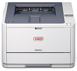 Oki B401d monochrome laser printer ideal for small offices, featuring duplex printing and high-resolution output.