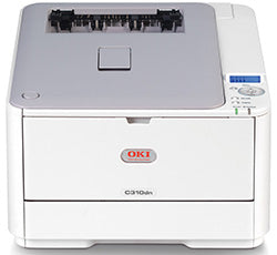 Front view of the Oki C310DN color laser printer, ideal for small offices. Features include duplex printing at 22 ppm in color.
