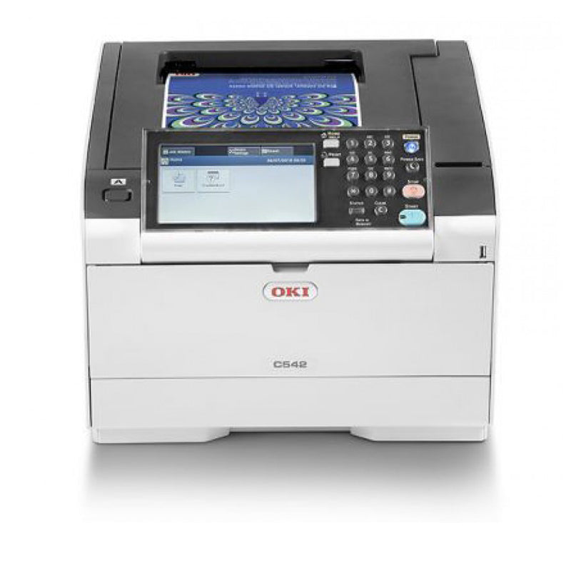 Oki C542 color laser printer displaying a vibrant print on screen, ideal for fast and high-quality office printing solutions.