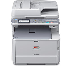 Oki MC362 multifunction color printer with copy, scan, fax capabilities, compact design, and duplex printing support.