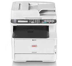 Oki MC363DN multifunction color laser printer with high-speed 30 ppm, 1200x600 dpi resolution, duplex, scan, copy, and fax features.