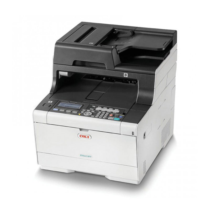 Oki MC563 multifunction color laser printer with duplex printing, high-speed performance, scanning, copying, and faxing capabilities.