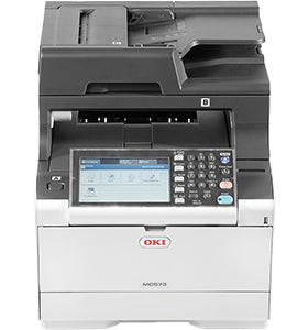 Oki MC573 multifunction color laser printer with high-speed printing, scanning, copying, and faxing capabilities.
