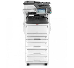 Oki MC853DNV multifunctional color printer with high-speed, duplex printing, scanning, copying, faxing, and 1200 x 600 dpi resolution.